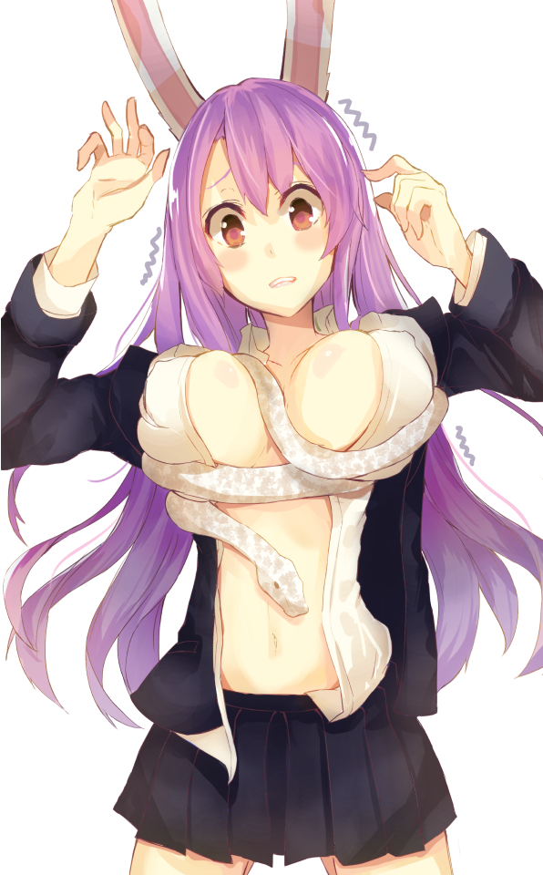 animal_ears between_breasts blush breasts bunny_ears dress_shirt large_breasts long_hair midriff miniskirt no_bra open_clothes open_shirt pleated_skirt purple_hair red_eyes reisen_udongein_inaba shirt skirt snake solo touhou yukizumi_remon