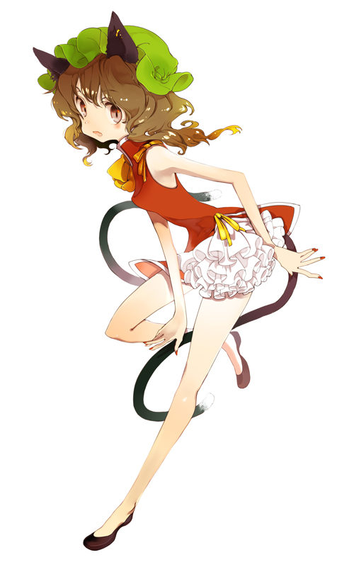 animal_ears bare_legs bare_shoulders brown_eyes brown_hair cat_ears cat_tail chen frills gathers hat legs multiple_tails nail_polish no_socks pumps simple_background skinny solo tail touhou yukizen