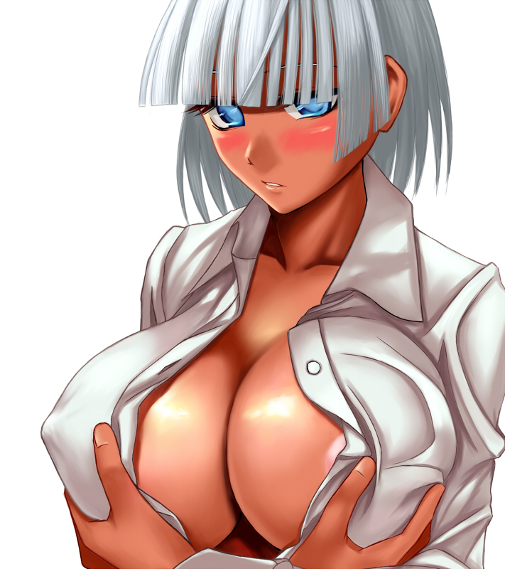 aebafuti areola_slip areolae blue_eyes breast_hold breasts cleavage large_breasts no_bra open_clothes open_mouth open_shirt original shirt short_hair silver_hair solo tan