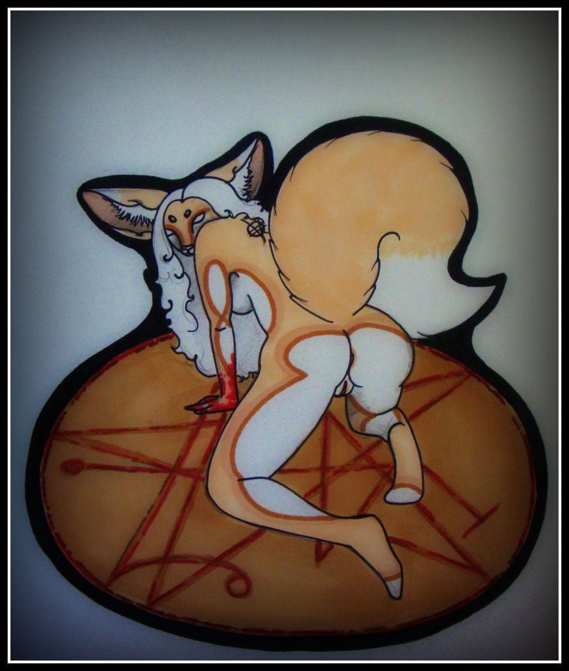 all_fours anus ardor big_ears blood breasts brown butt canine female fennec fox hair long_hair long_white_hair looking_back magic_circle necronomicon_sign nude plantigrade pussy raised_tail solo tail white white_eyes white_hair