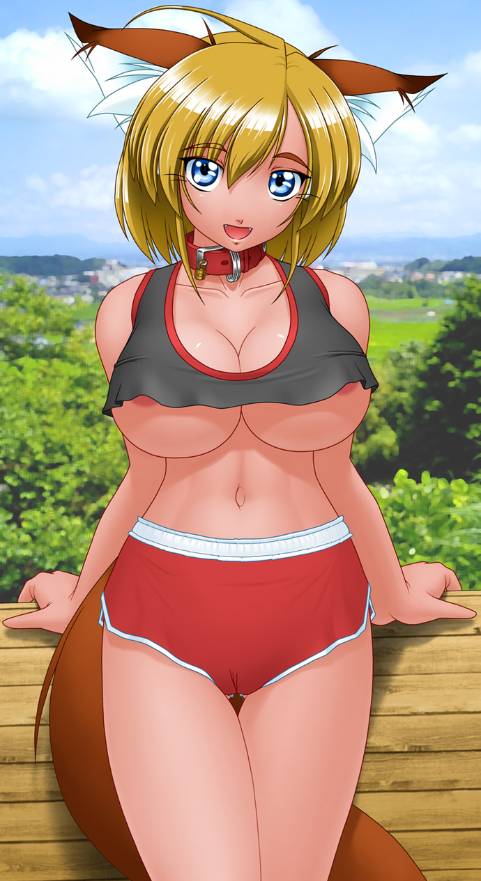 animal_ears areola big_breasts blonde_hair blue_eyes breasts camel_toe canine cleavage collar delica female fox hair kemonomimi kitsunemimi looking_at_viewer midriff outside short_hair skimpy solo tail under_boob