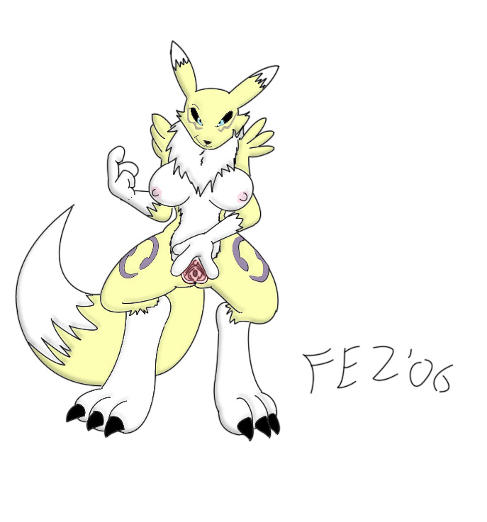 2006 blue_eyes breasts canine chest_tuft digimon female fez_(artist) fox leg_markings looking_at_viewer markings pussy renamon solo spread_pussy spreading standing yellow