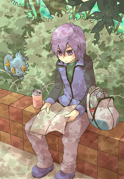 backpack bag map pokemon pokemon_(anime) purple_hair randoseru shinji_(pokemon) shinx