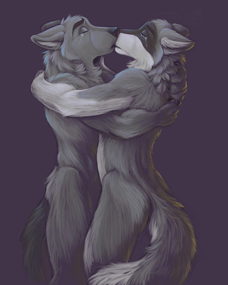 canine chibi-marrow claws couple crying eyes_closed gay kissing love male nude tears wolf