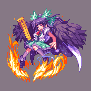 arm_cannon bad_id bad_pixiv_id black_hair black_wings bow cape feathers fire grin hair_bow hair_ornament kneehighs knees_together_feet_apart kou_2008 looking_at_viewer lowres miniskirt pixel_art red_eyes reiuji_utsuho simple_background skirt smile solo touhou weapon wings