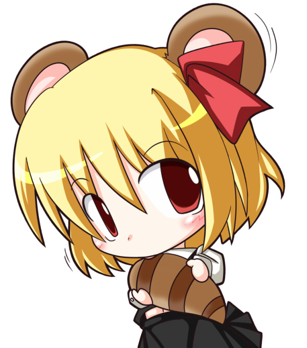 animal_ears blonde_hair chibi holding_own_tail kemonomimi_mode licking r_pascal raccoon_ears raccoon_tail red_eyes rumia short_hair solo tail tongue touhou