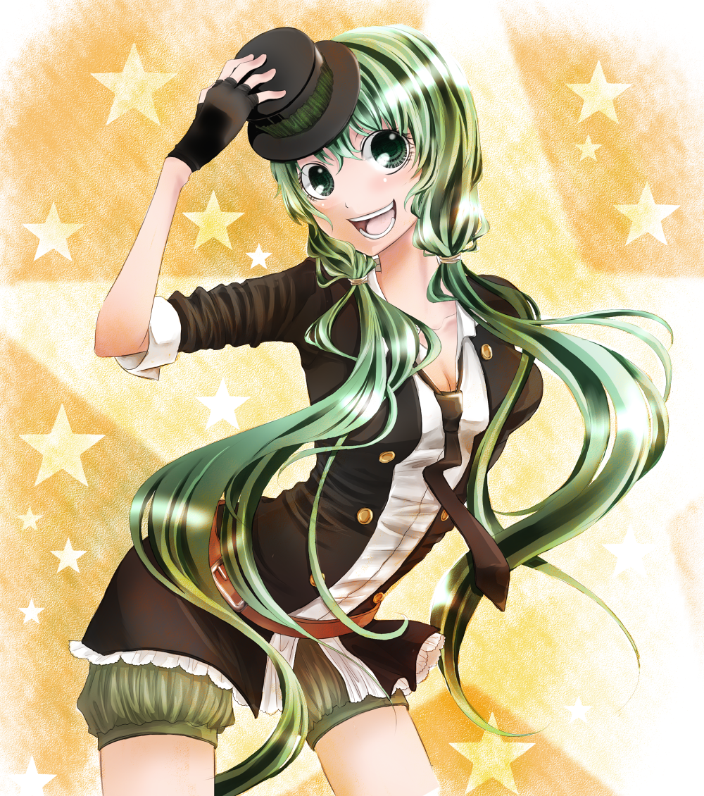 :d bad_id bad_pixiv_id belt fingerless_gloves gloves green_eyes green_hair hat hatsune_miku long_hair mini_hat mini_top_hat necktie open_mouth shorts smile solo star top_hat twintails very_long_hair vocaloid