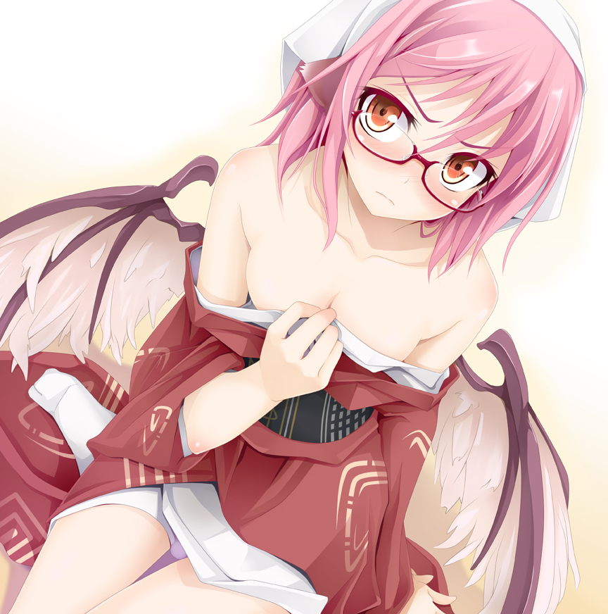 alternate_costume animal_ears bare_legs bare_shoulders bespectacled blush breasts cleavage collarbone from_above frown glasses head_scarf japanese_clothes kimono looking_up medium_breasts mystia_lorelei off_shoulder ogami_kazuki okamisty pink_hair red-framed_eyewear red_eyes short_hair solo tabi touhou undressing wings
