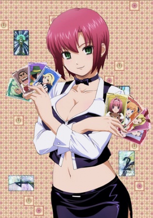 blush bow bowtie breasts card cards cleavage crossed_arms cuffs female green_eyes lowres midriff miniskirt navel pink_hair rio rio_-rainbow_gate!- rio_rollins short_hair side_slit skirt sleeve_cuffs smile solo super_blackjack vest
