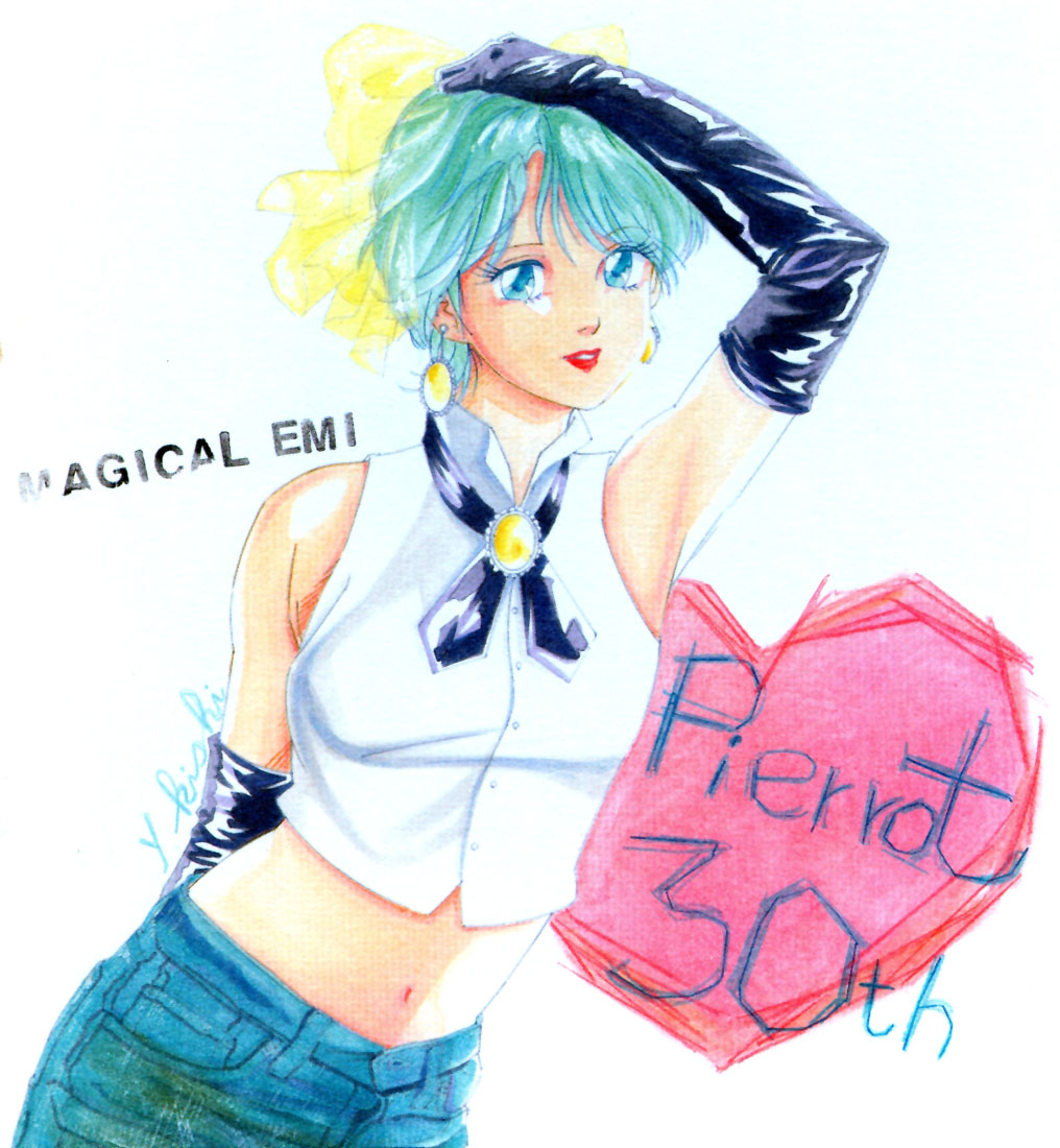 80s aqua_hair bow denim denim_shorts elbow_gloves eye_contact gloves hair_bow hairbow leaning looking_at_another magical_emi mahou_no_star_magical_emi navel official_art oldschool shorts smile studio_pierrot teal_hair