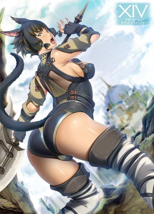 animal_ears ass black_hair boots breasts cat_ears elbow_gloves final_fantasy final_fantasy_xiv fingerless_gloves gloves hazuki_(hazu_chaya) large_breasts miqo'te short_hair sideboob solo tail thigh_boots thighhighs weapon