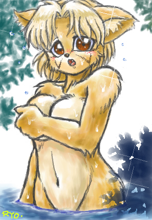 al blush canine covering_self dog face_markings fang female forest lens_flare looking_at_viewer markings red_eyes ryou short_tan_hair solo standing tan tree water