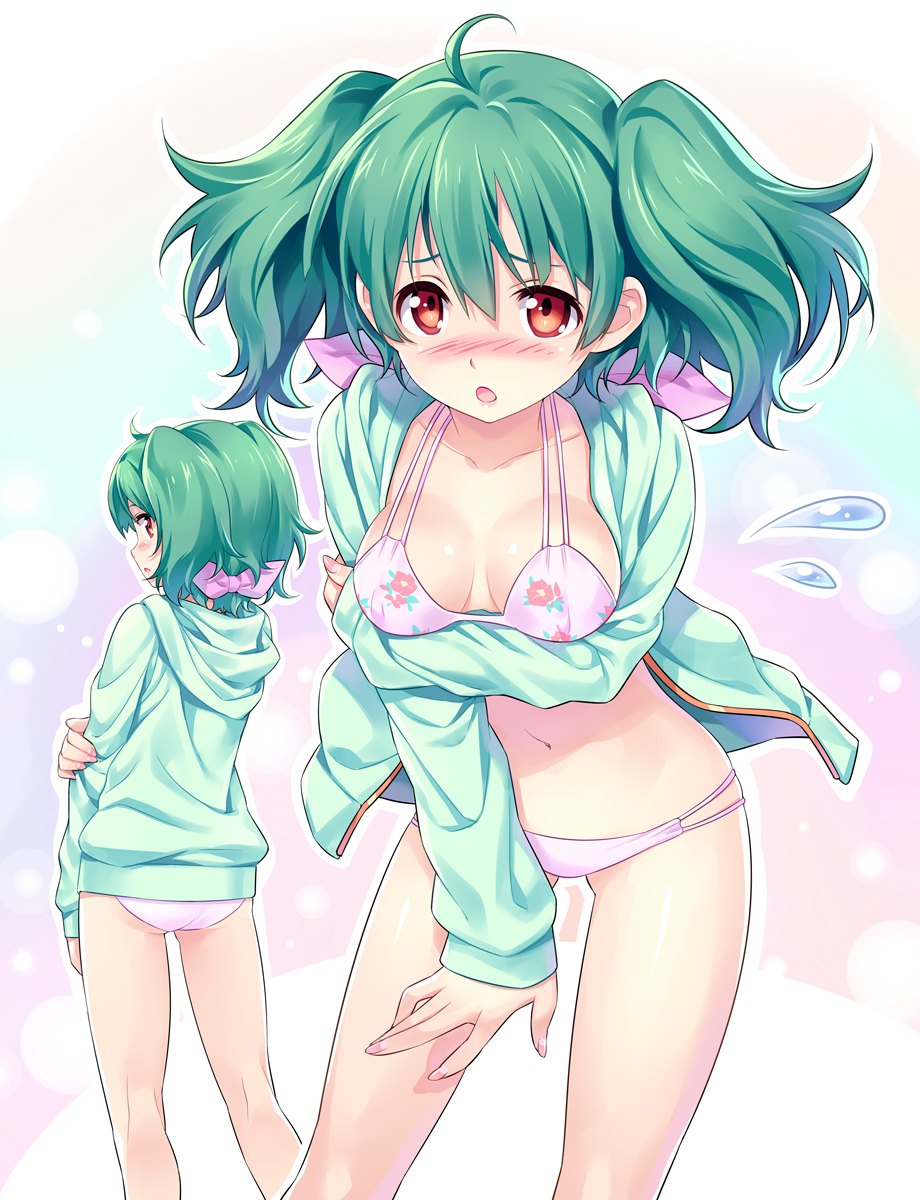 ahoge ass bikini blush bow breasts cleavage dual_persona embarrassed green_hair hair_bow highres jacket kousaki_rui looking_back macross macross_frontier navel open_mouth orange_eyes ranka_lee short_hair short_twintails small_breasts string_bikini swimsuit twintails