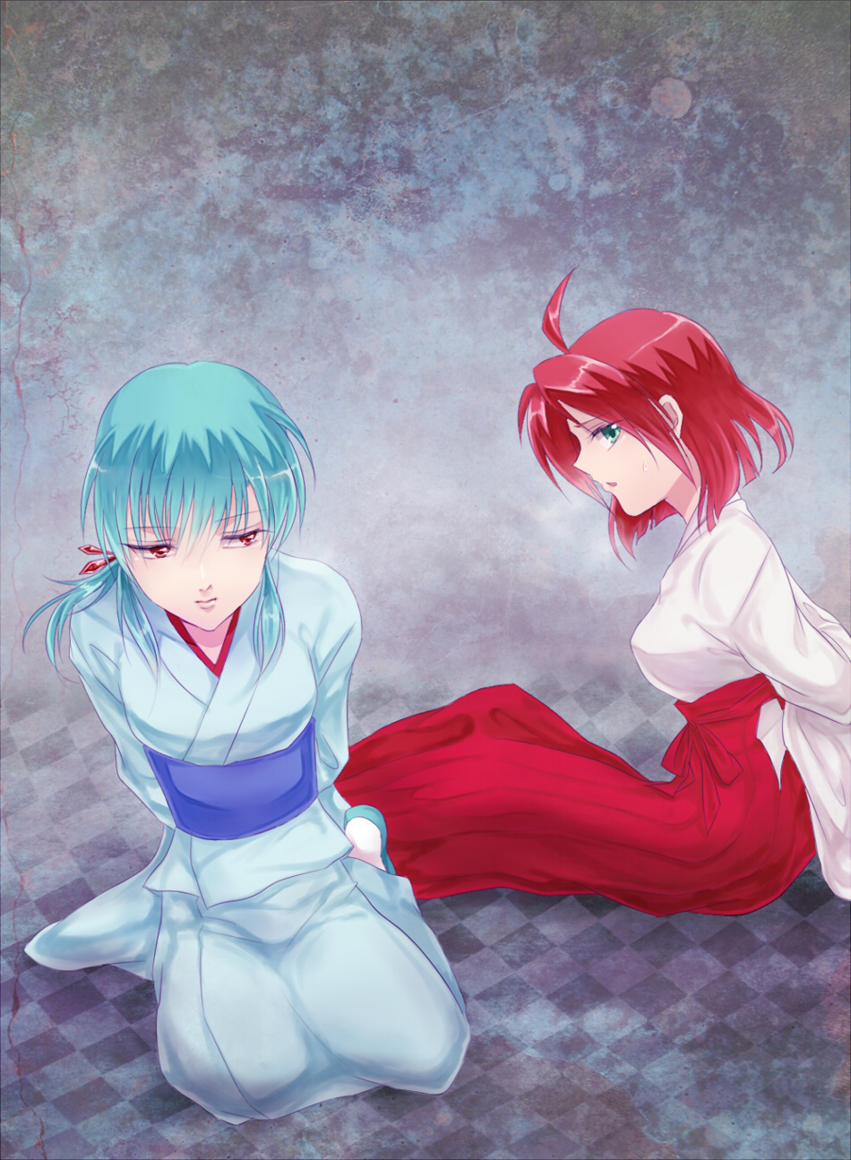 2girls arms_behind arms_behind_back character_request copyright_request green_eyes green_hair highres hinageshi japanese_clothes kimono multiple_girls nnk_@_tsu_it_ta red_eyes red_hair series_request short_hair sitting yu_yu_hakusho yukina_(yu_yu_hakusho) yuu_yuu_hakusho