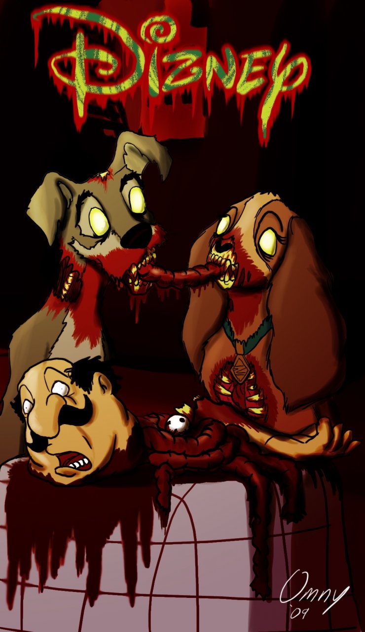 blood canine collar dead dead_human death disney dizney dog facial_hair feral gore grotesque grotesque_death guro human interspecies lady_(character) lady_and_the_tramp mammal mustache parody spaghetti_scene spoof tramp_(character) undead unknown_artist vore yellow_eyes zombie