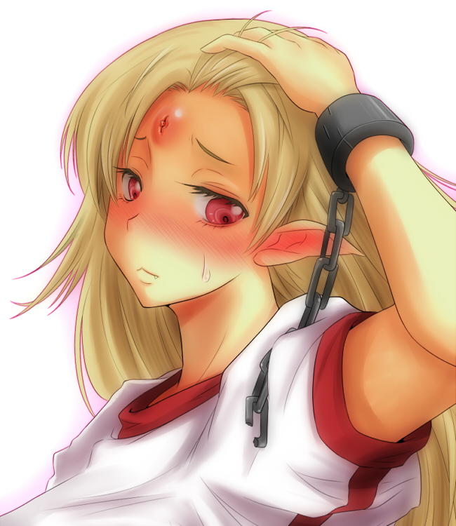 :&lt; ao_usagi arm_up blonde_hair blush chain close-up commentary cuffs ear_blush face fang forehead hole_on_body hoshiguma_yuugi long_hair no_horn pointy_ears red_eyes shackles solo sweat touhou upper_body