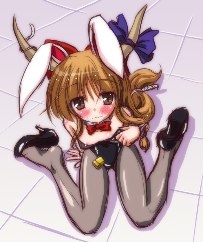animal_ears blush bow breasts brown_eyes bunny_ears bunnysuit from_above hair_bow high_heels horns ibuki_suika long_hair nipples orange_hair pantyhose shoe_dangle shoes small_breasts solo touhou yamu_(reverse_noise)
