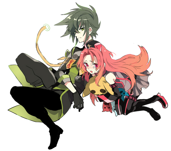1girl ahoge arietta bad_id bad_pixiv_id boots coat detached_sleeves doll frown full_body gloves green_eyes green_hair hat kabenooto long_hair messy_hair pants pink_eyes pink_hair sad skirt sync tales_of_(series) tales_of_the_abyss tears thighhighs