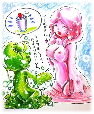 2girls blush breasts bubble drink food fruit goo_girl happy lowres milkshake monster_girl multiple_girls slime slime_girl slimegirl speech_bubble strawberry