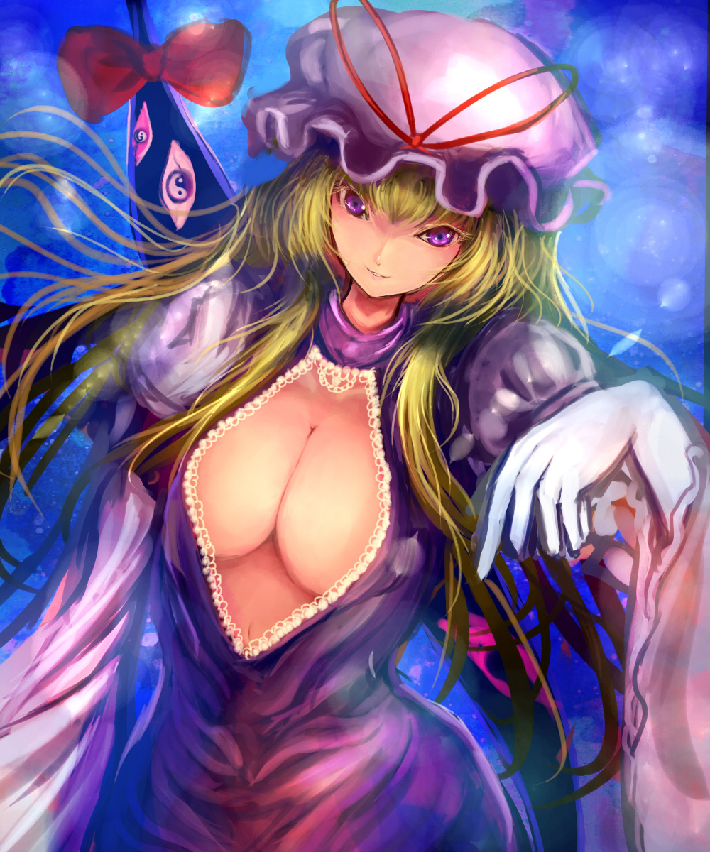 blonde_hair breasts center_opening cleavage cleavage_cutout dress gap gloves hat highres kami_amane_kurohime large_breasts long_hair midriff purple_eyes solo touhou white_gloves yakumo_yukari