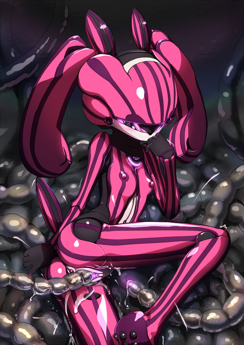 breasts copyright_request highres musen-shiki_sanhankikan nipples pink_skin pussy robot small_breasts source_request striped tentacles twintails