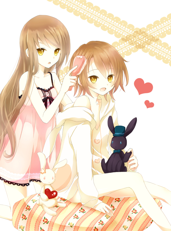 &lt;3 1boy 1girl akane_(goma) akira_(goma) blush brother_and_sister brown_hair brush bunny female goma_(11zihisin) hat heart long_hair male nightgown nightie off_shoulder open_mouth original pajamas short_hair siblings sitting souta_(goma) stuffed_animal stuffed_toy trap yellow_eyes