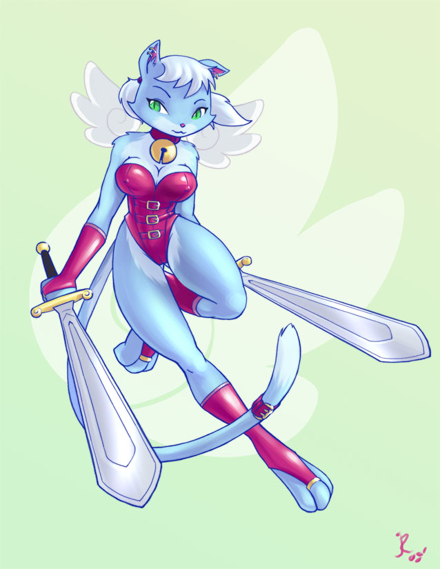 bell cat collar corset feline female joe_randel piercing skimpy solo sword warrior weapon wings