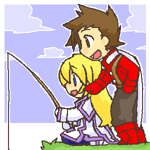 blonde_hair brown_hair colette_brunel collet_brunel fishing lloyd_irving lowres tales_of_(series) tales_of_symphonia