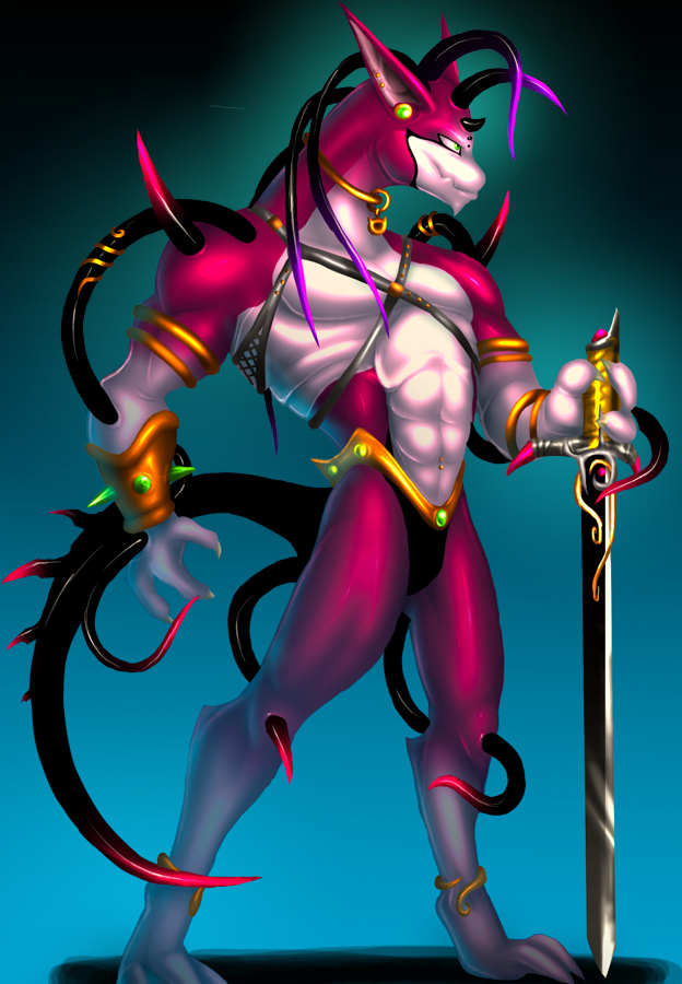 claws ear_piercing fangs green_eyes grin male monster muscles nazuu-m0nster piercing skimpy solo standing sword tail tentacles weapon