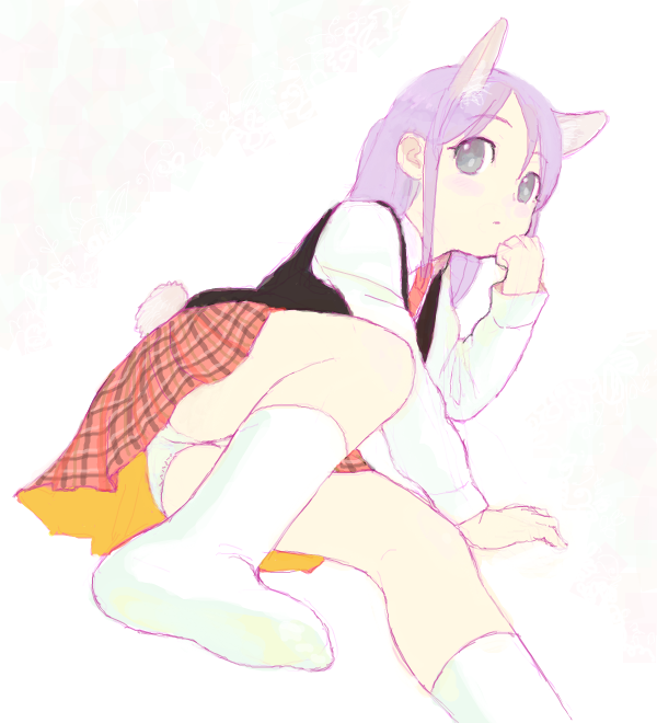 animal_ears bunny_ears bunny_tail feet higebu inazuma_eleven inazuma_eleven_(series) kudou_fuyuka panties plaid plaid_skirt purple_hair skirt socks solo tail underwear white_panties