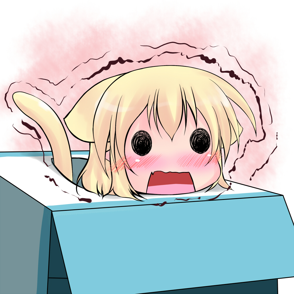 animal_ears blonde_hair blush box cat_ears cat_tail chibi extra_ears fang hoshizuki_(seigetsu) in_box in_container kemonomimi_mode mizuhashi_parsee open_mouth pointy_ears puru-see short_hair solo tail tissue_box touhou trembling