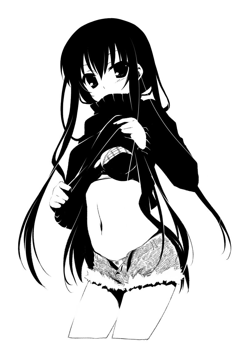 bow bra greyscale high_contrast hips lingerie long_hair looking_at_viewer midriff monochrome navel open_fly original panties shirt_lift shorts shouna_mitsuishi simple_background solo sweater underwear undressing unzipped white_background