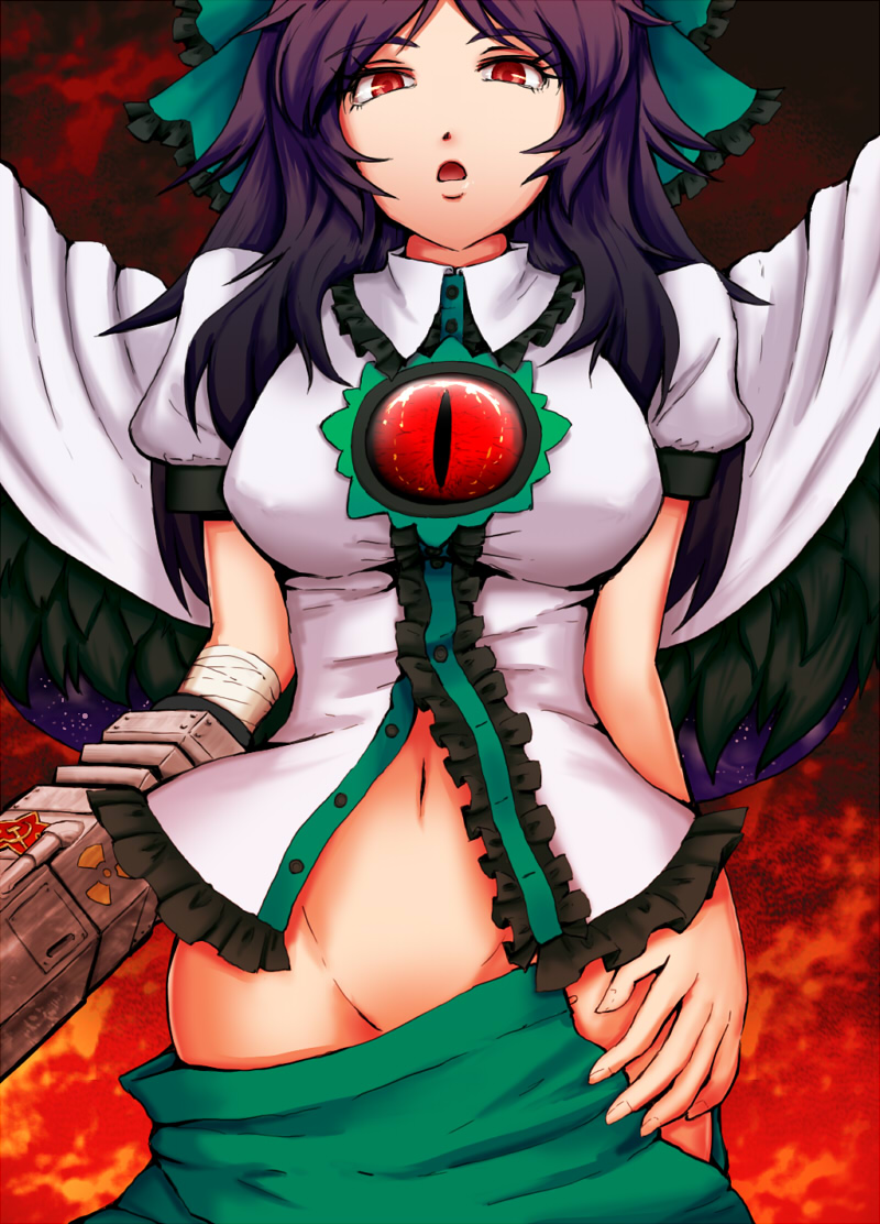 arm_cannon bad_id bad_pixiv_id black_hair bow cape green_bow groin hair_bow hammer_and_sickle kirisaki_akihito long_hair navel no_panties open_clothes open_skirt red_eyes reiuji_utsuho skirt skirt_pull solo third_eye touhou weapon wings