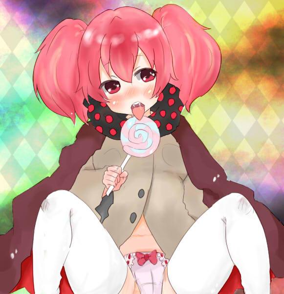 argyle blush candy charlotte_(madoka_magica) food lollipop mahou_shoujo_madoka_magica no_pants panties personification pink_hair solo swirl_lollipop thighhighs twintails underwear