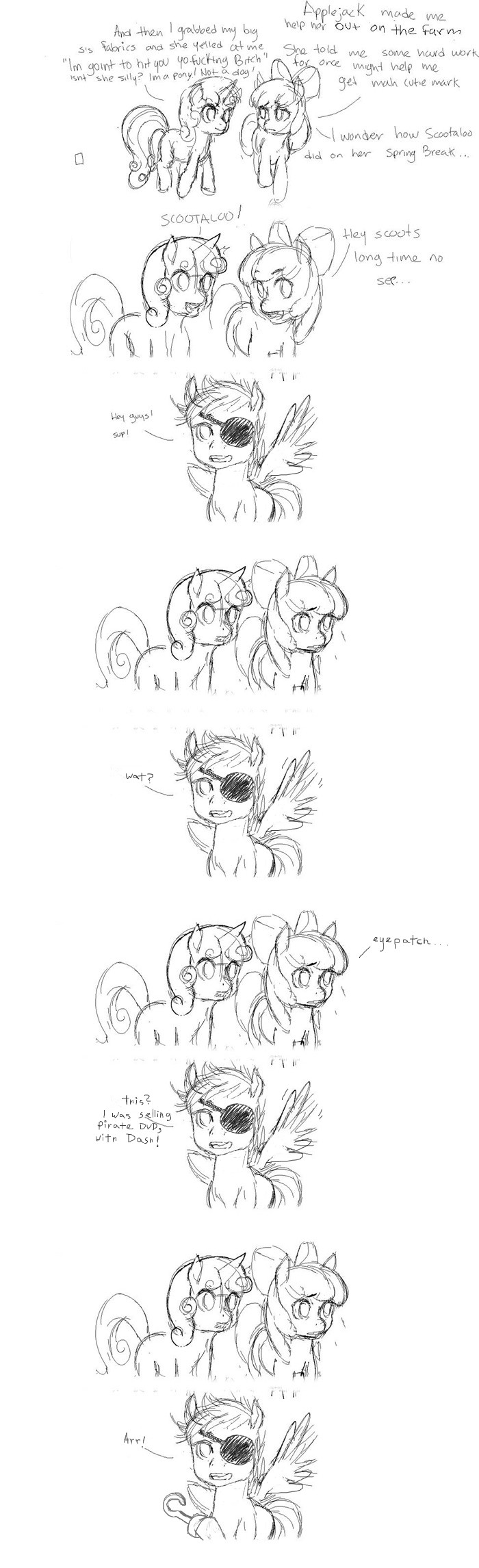 applebloom_(mlp) black_and_white bow comic cub cute cutie_mark_crusaders_(mlp) dialog edit edited english_text equine eye_patch eyewear female feral fixed friendship_is_magic group hook horn horse mammal mod monochrome my_little_pony ottanta pegasus pirate plain_background pony scootabuse scootaloo_(mlp) sketch sweetie_belle_(mlp) text trio unicorn unknown_artist white_background wings young