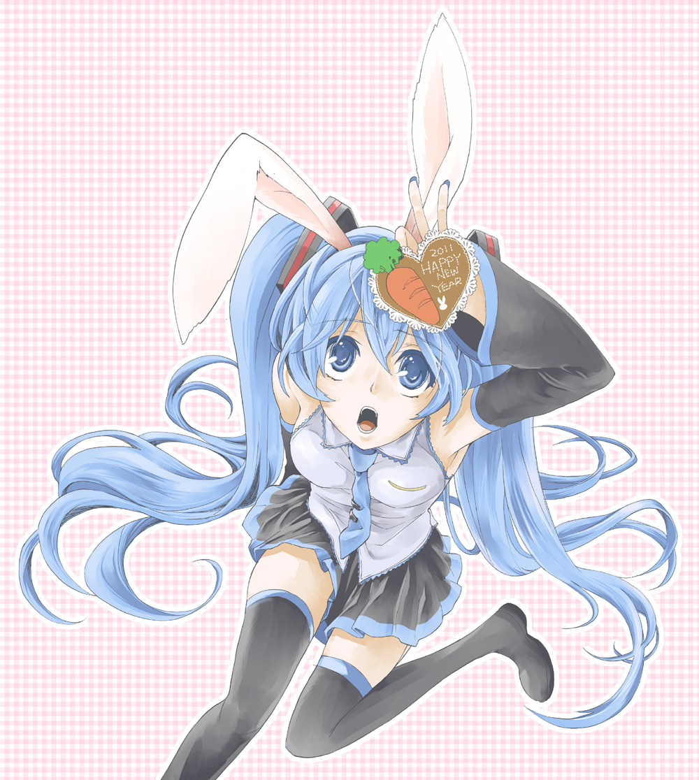 2011 animal_ears blue_eyes blue_hair bunny_ears carrot detached_sleeves from_above hatsune_miku heart long_hair looking_up necktie nerikesi36 new_year open_mouth sitting skirt solo thighhighs twintails very_long_hair vocaloid