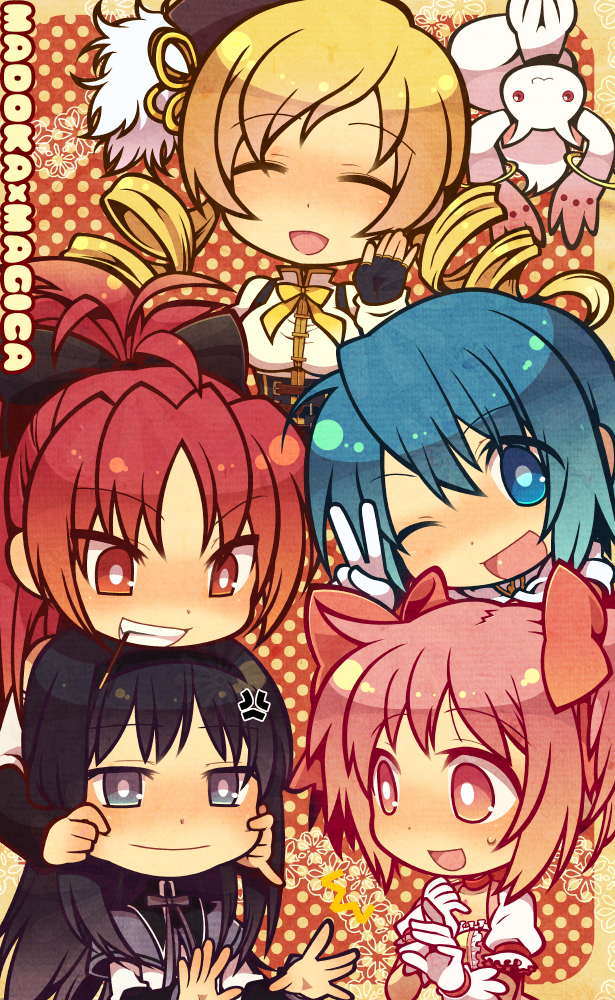 akemi_homura anger_vein cheek_pinching chibi closed_eyes drill_hair grin hajime_(vasu) kyubey magical_girl mahou_shoujo_madoka_magica miki_sayaka multiple_girls one_eye_closed pinching ponytail sakura_kyouko smile tomoe_mami v