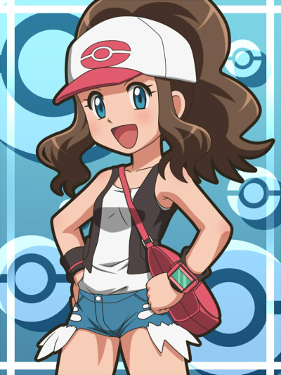 awa blue_eyes blush brown_hair flat_chest hands_on_hips long_hair open_mouth pokemon pokemon_(game) pokemon_black_and_white pokemon_bw smile touko_(pokemon) white_(pokemon)