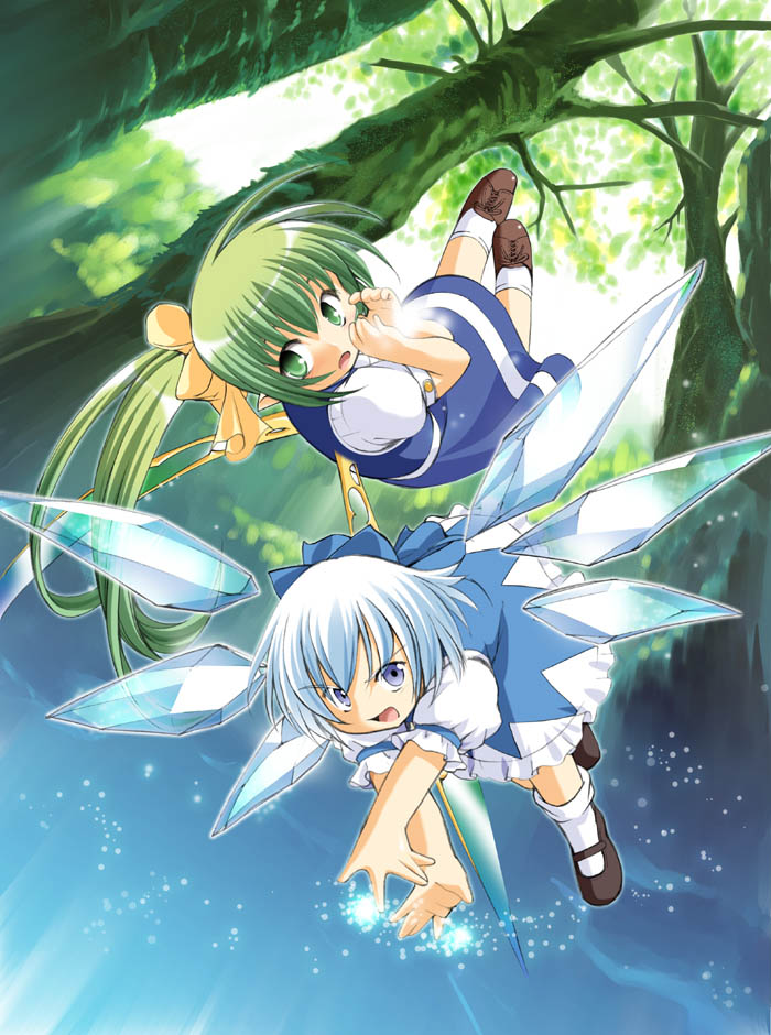 blue_eyes blue_hair bow cirno commentary daiyousei dress fairy green_eyes green_hair hair_bow jpeg_artifacts long_hair mary_janes multiple_girls pointy_ears ponytail seminoyu shoes short_hair touhou tree wings