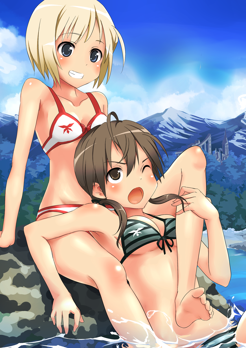 bad_id bad_pixiv_id barefoot bikini blonde_hair blue_eyes breasts brown_eyes brown_hair erica_hartmann feet front-tie_top gertrud_barkhorn grin highres leg_lock long_hair multiple_girls nemo_(piisukun) short_hair sitting small_breasts smile soles strike_witches swimsuit toes underboob world_witches_series