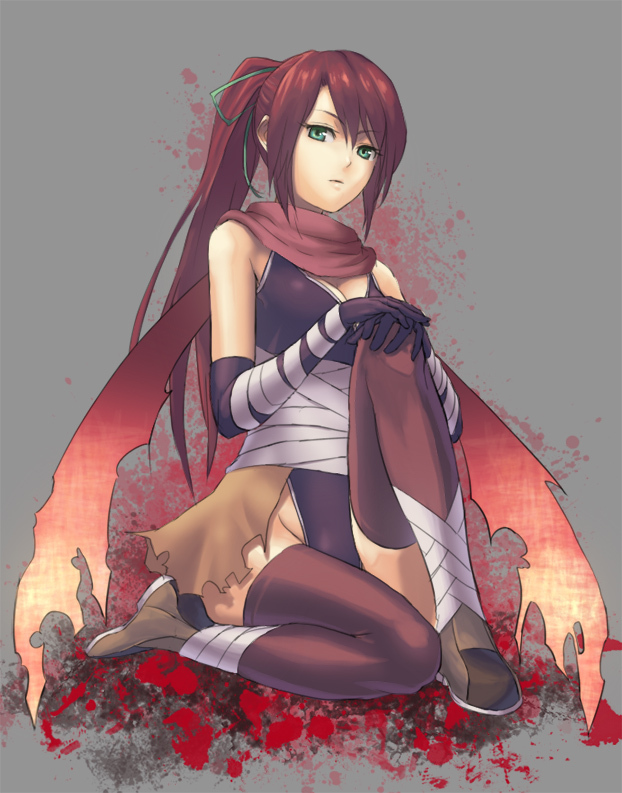 arm_wrap assassin_(ragnarok_online) bangs black_gloves boots breasts brown_legwear cleavage closed_mouth cuboon elbow_gloves frown full_body gloves gradient green_eyes grey_background hands_on_own_knee knee_up looking_at_viewer medium_breasts ponytail ragnarok_online red_hair red_scarf scarf sitting sleeveless solo splatter swept_bangs thighhighs