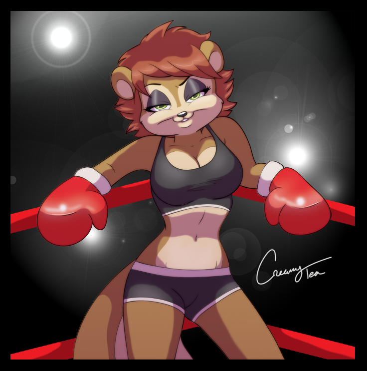 boxing_gloves brown_hair clothed clothing creamytea female fighting_ring green_eyes hair looking_at_viewer mammal rodent short_hair skimpy solo squirrel