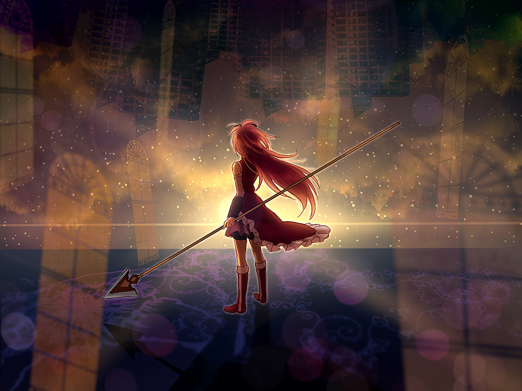 bare_shoulders boots detached_sleeves from_behind kebin light long_hair magical_girl mahou_shoujo_madoka_magica polearm ponytail red_hair sakura_kyouko shadow solo spear standing weapon witch's_labyrinth