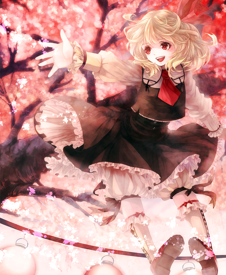 awa_toka blonde_hair bloomers dress flower hair_ribbon outstretched_arm outstretched_hand red_eyes ribbon rumia smile solo touhou tree underwear