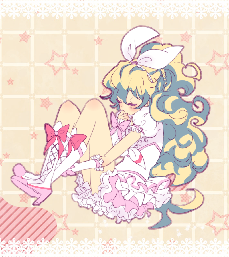 bad_id bad_pixiv_id bare_legs blonde_hair blush boots bow closed_eyes cosplay cure_rhythm cure_rhythm_(cosplay) curly_hair hairband hand_to_own_mouth knee_boots leg_hug linaria_(ookinahitomi) long_hair look-alike magical_girl nia_teppelin pink_bow ponytail precure solo star starry_background suite_precure tengen_toppa_gurren_lagann yellow_background