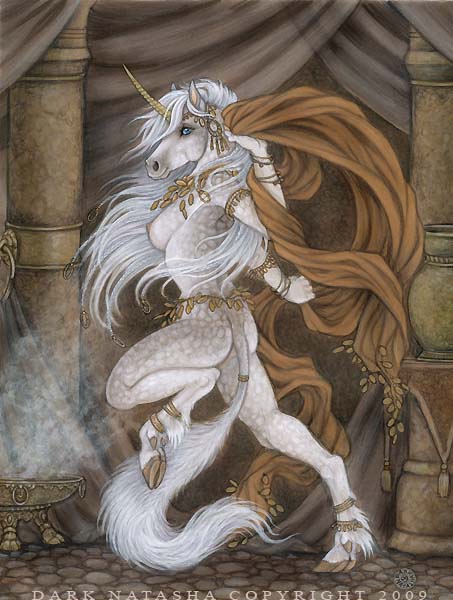 blue_eyes breasts dancing dark_natasha equine female hair hooves jewelry nude side_boob solo unicorn white_hair