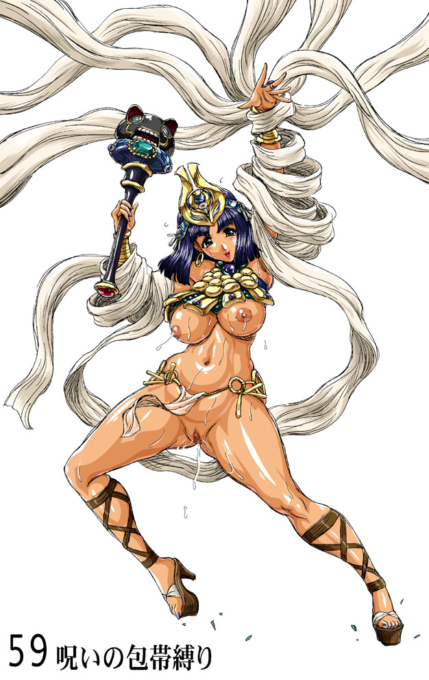 arm_up bad_id bad_pixiv_id bandages black_hair breasts crown egyptian high_heels large_breasts menace nail_polish page_number pussy pussy_juice queen's_blade scepter setra solo sweat tan translation_request waku-jinpei white_background wrist_cuffs