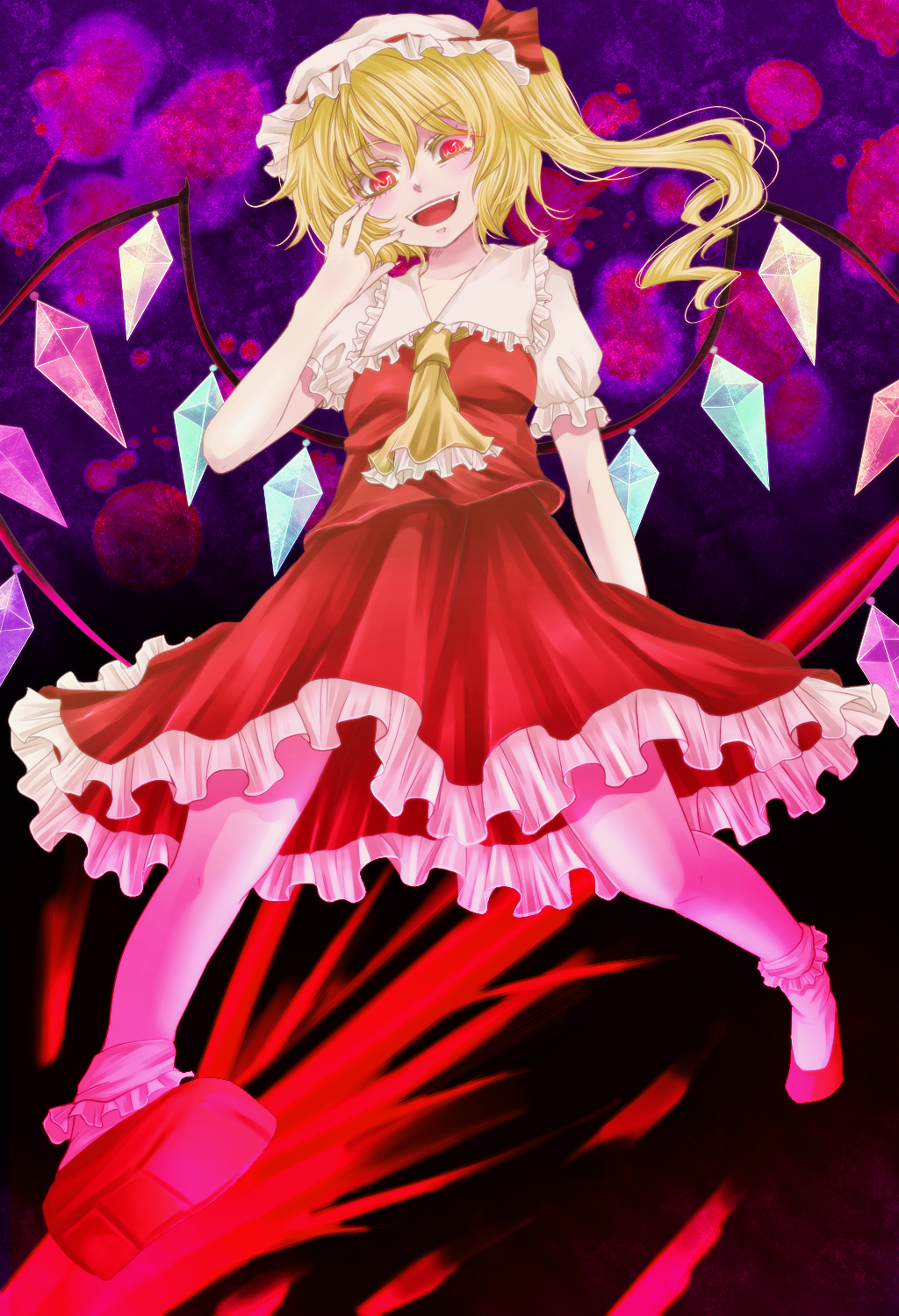 bad_id bad_pixiv_id blonde_hair crystal flandre_scarlet hat highres laevatein open_mouth pink_eyes red_eyes short_hair side_ponytail smile solo stain touhou wings yuha_(yh-krm)