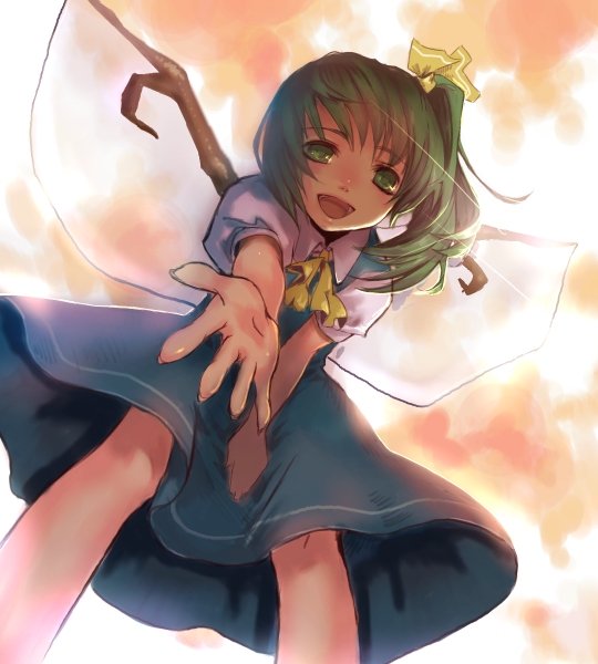 daiyousei foreshortening green_eyes green_hair hands outstretched_arm outstretched_hand side_ponytail smile solo touhou vica wings