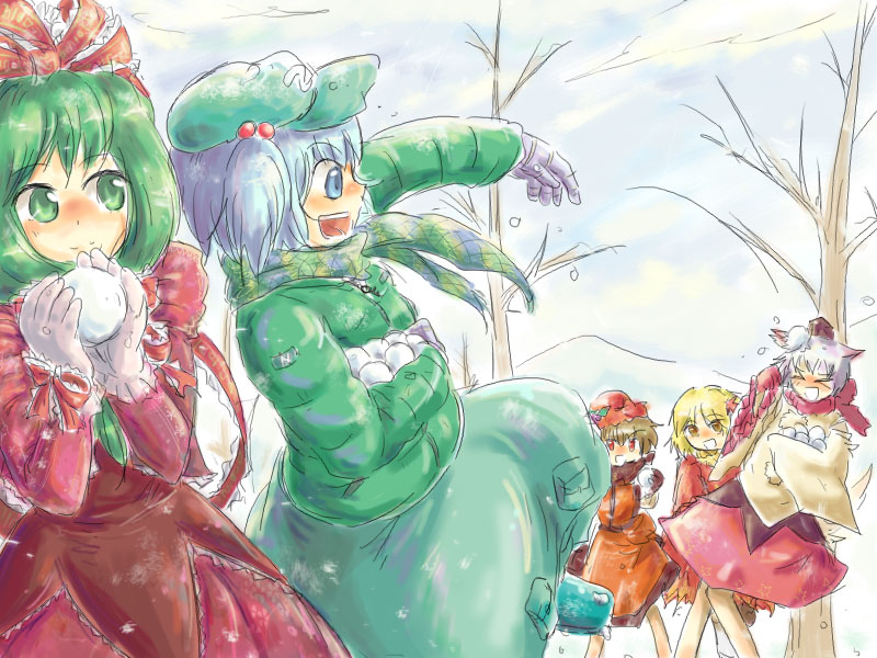 &gt;_&lt; aki_minoriko aki_shizuha blonde_hair bow closed_eyes green_eyes green_hair hair_bow hat inubashiri_momiji kagiyama_hina kamira_(aterasu) kawashiro_nitori multiple_girls red_eyes scarf silver_hair snow snowball snowball_fight tokin_hat touhou winter winter_clothes